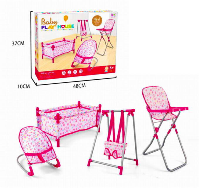 Set 4 în 1 pentru Păpuși: Patuc, Leagăn, Scăunel de Masă și Șezlong