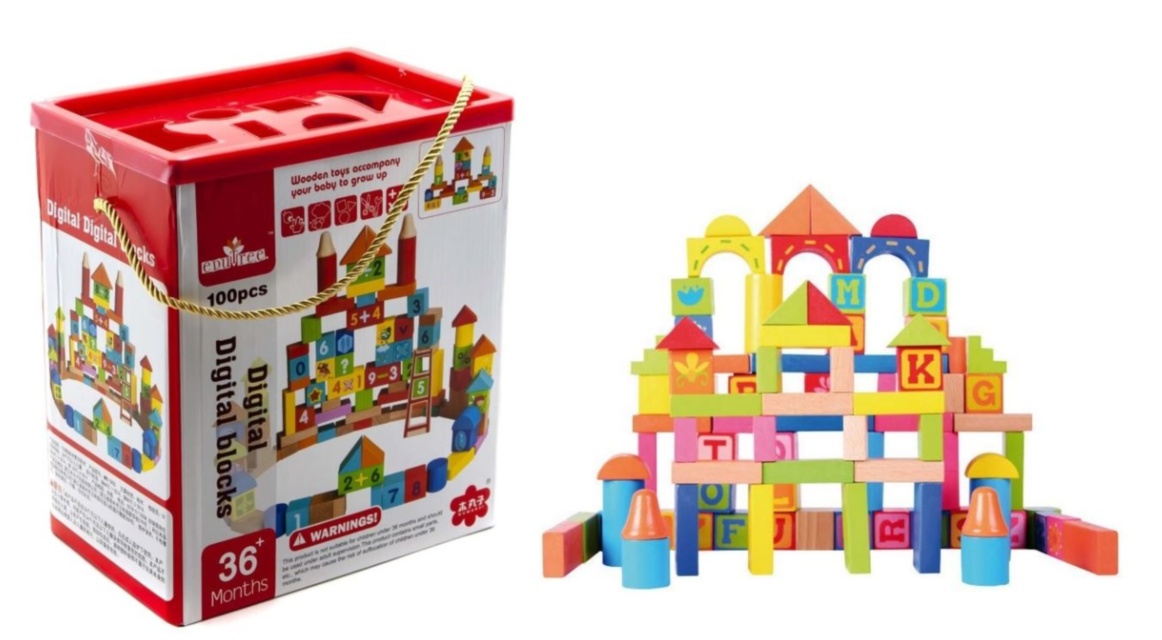 Set de Construcție  Orășelul din Lemn  cu 100 Blocuri Colorate