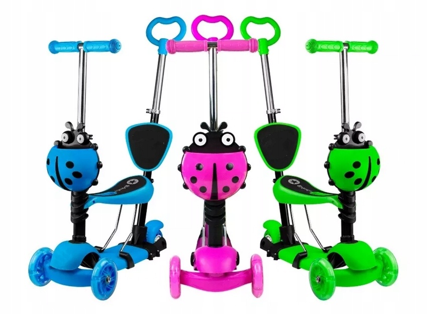 Trotineta Evolutivă 4în1 Buburuza cu Roti Luminoase, Scăunel și Mâner