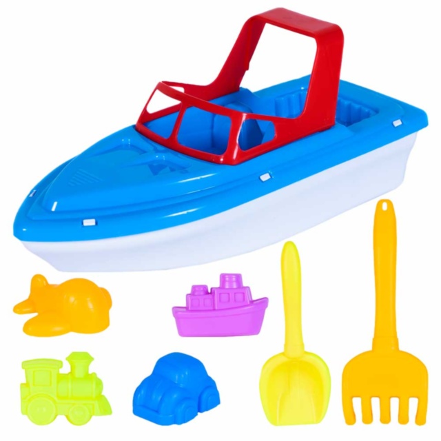 Barcă cu Lopățică, Greblă și 4 Forme de Nisip