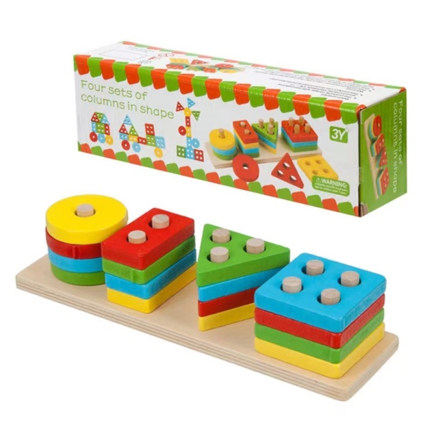 Stivuitor cu 4 Forme Geometrice Multicolore de Lemn