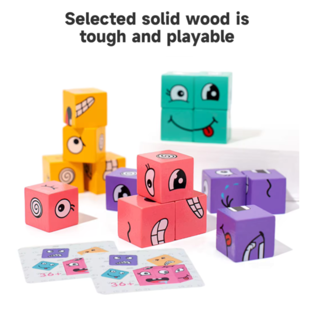 Set Cuburi Logice din Lemn cu Expresii Amuzante