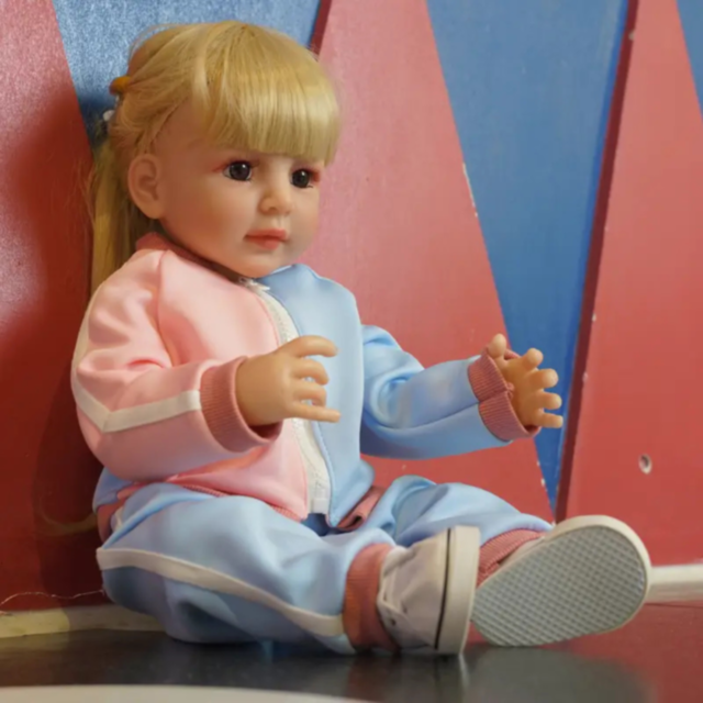 Păpușă Reborn cu Trening Roz-Albastru – 55 cm