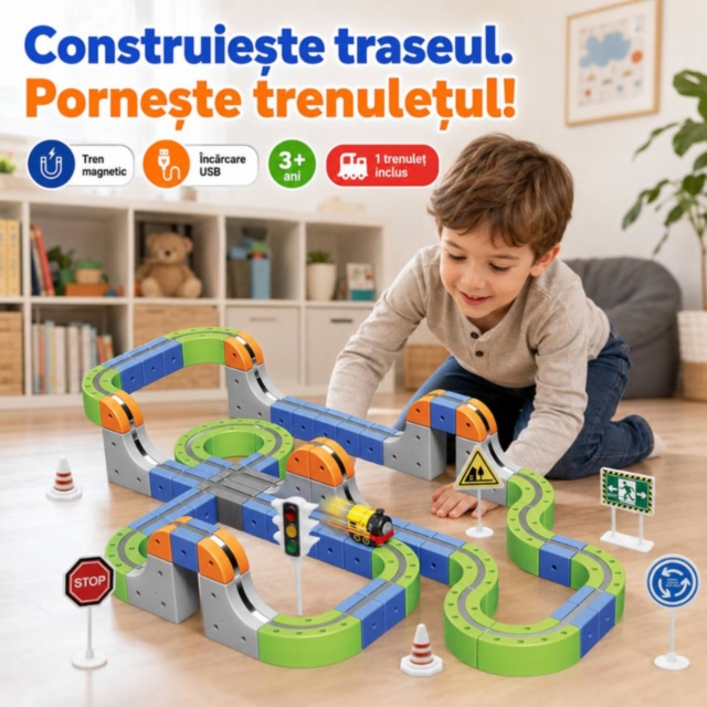 Set magnetic de construcție cu trenuleț electric reîncărcabil