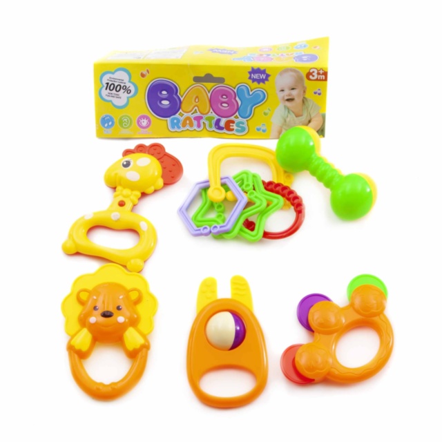 Set 6 Zornăitori: Leu, Puișor, Iepuraș, Inele Colorate, Tamburina și Maracas