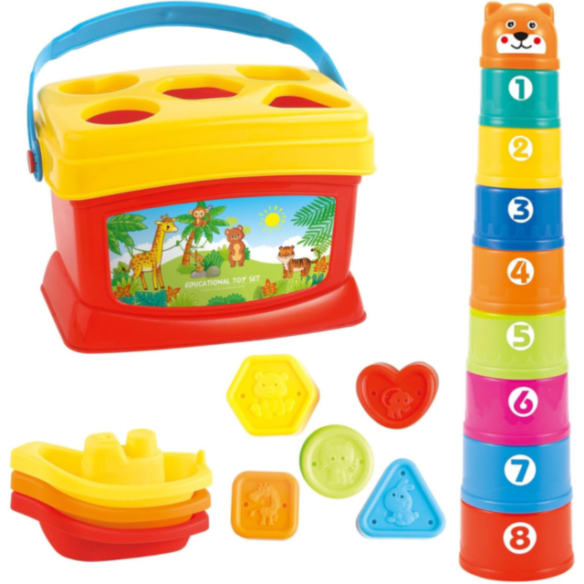 Set Educativ 3 în 1 - Sortator de Forme, Turn de Stivuire și Jucării de Baie