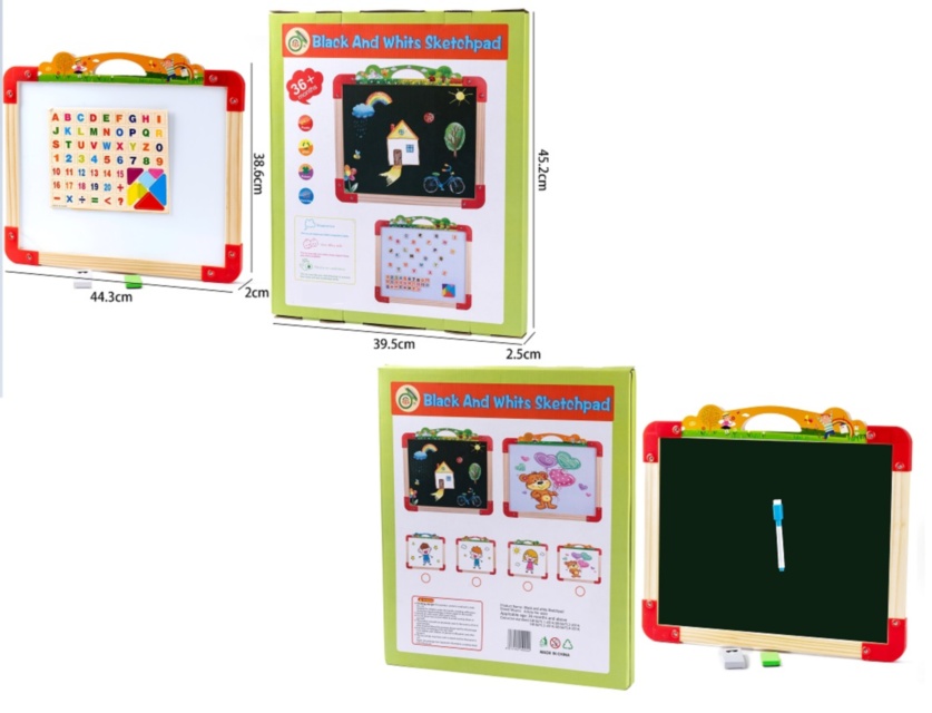 Tablă de Lemn Magnetică cu 2 Fețe, Litere, Cretă și Burete