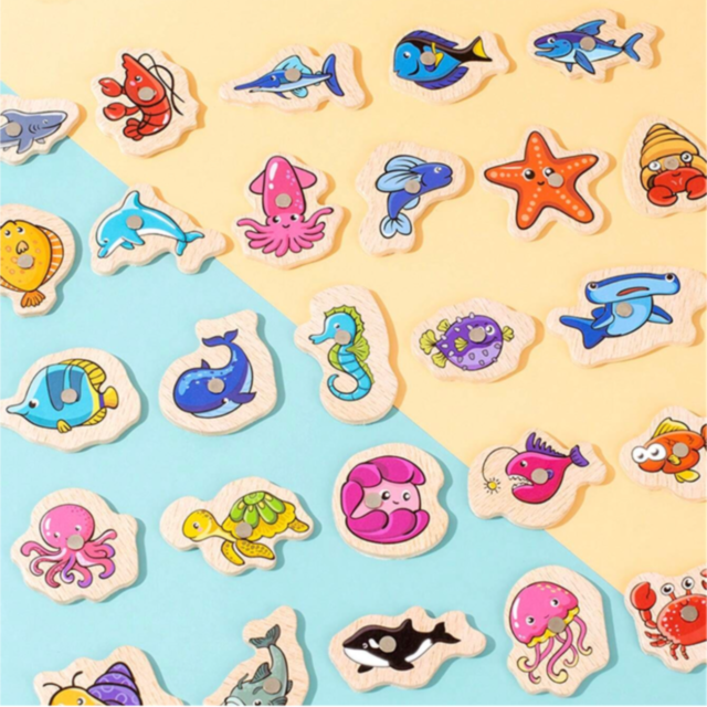 Set de pescuit magnetic din lemn cu vietăți marine