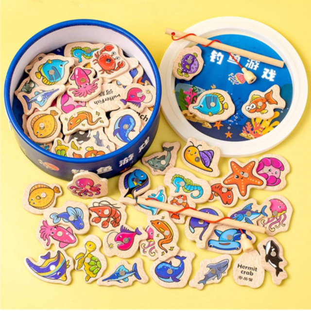 Set de pescuit magnetic din lemn cu vietăți marine