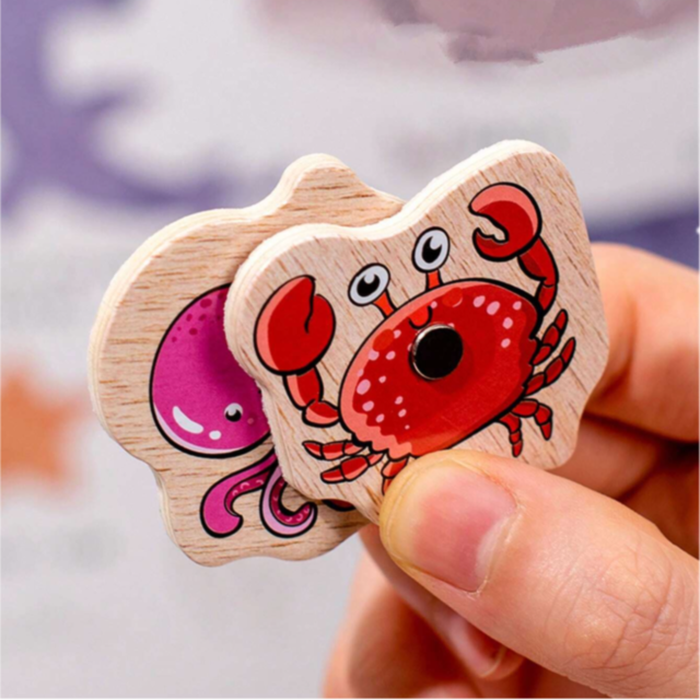 Set de pescuit magnetic din lemn cu vietăți marine