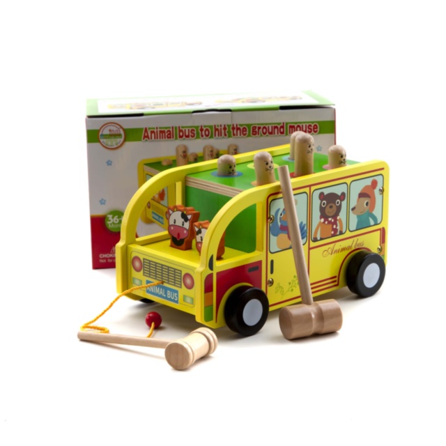 Autobuz din Lemn cu Ciocănel și Animale, jucărie de tras