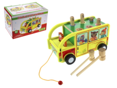 Autobuz din Lemn cu Ciocănel și Animale, jucărie de tras | image