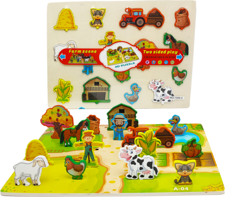 Puzzle 3D din Lemn cu Inserții Animale de la Fermă