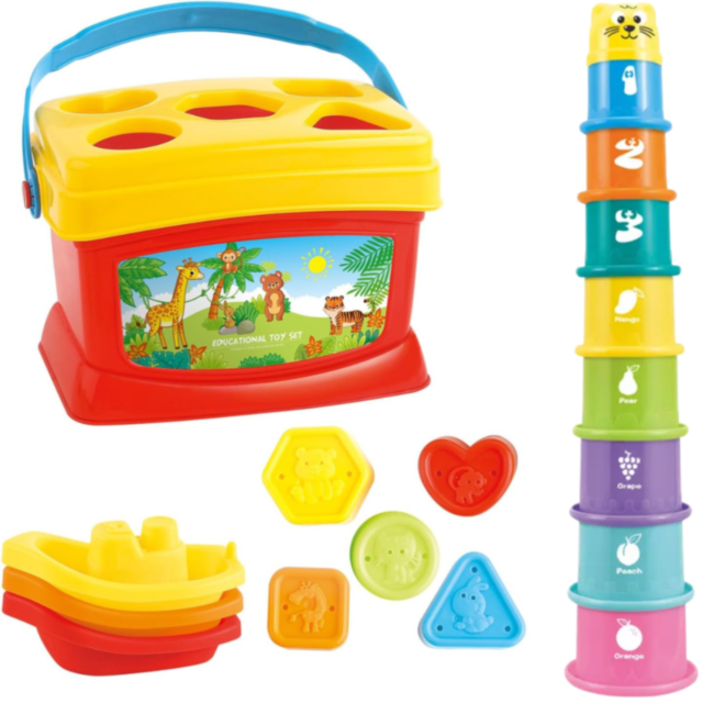 Set Educativ 3 în 1 - Sortator de Forme, Turn de Stivuire și Jucării de Apă