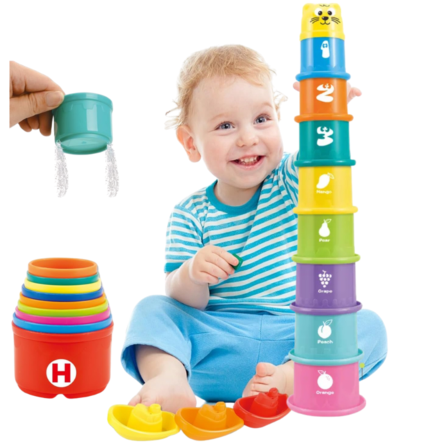 Set Educativ 3 în 1 - Sortator de Forme, Turn de Stivuire și Jucării de Apă