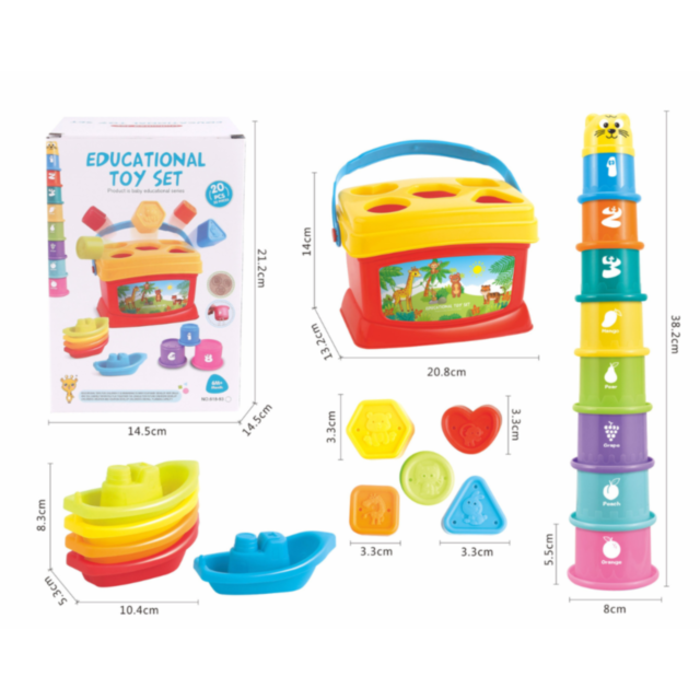 Set Educativ 3 în 1 - Sortator de Forme, Turn de Stivuire și Jucării de Apă