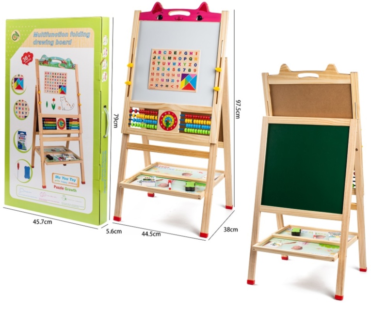 Tablă de Lemn cu 2 Fețe, Cretă, Marker, Litere și Numărătoare cu Ceas