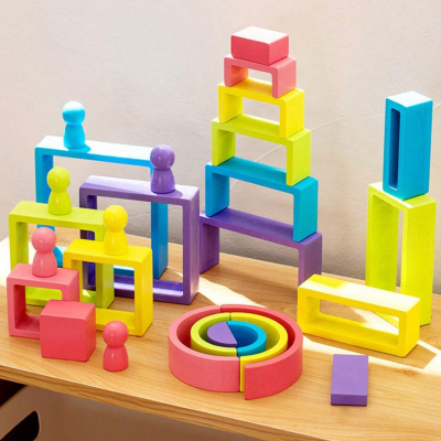 Set educativ de construcție Montessori din lemn - blocuri colorate | image