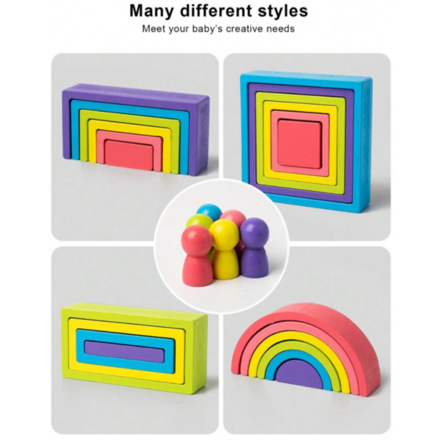 Set educativ de construcție Montessori din lemn - blocuri colorate