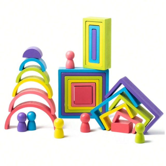 Set educativ de construcție Montessori din lemn - blocuri colorate