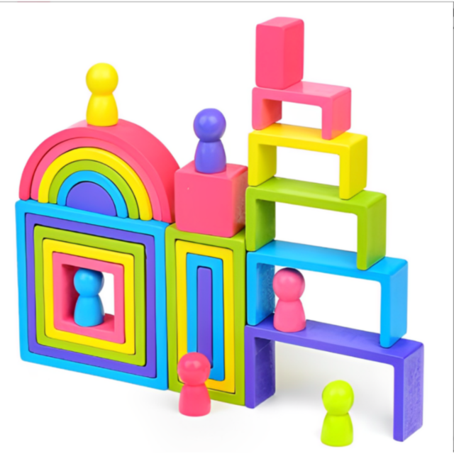 Set educativ de construcție Montessori din lemn - blocuri colorate