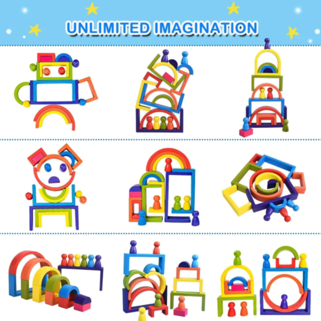 Set educativ de construcție Montessori din lemn - blocuri colorate