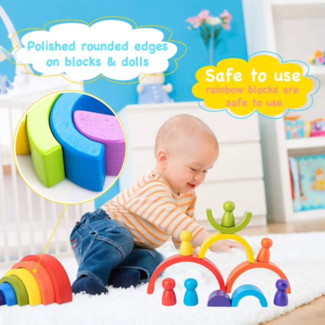 Set educativ de construcție Montessori din lemn - blocuri colorate