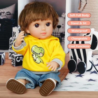 Păpușă Băiețel Chimi Doll 38 cm cu Hanorac Galben și Articulații Mobile | image