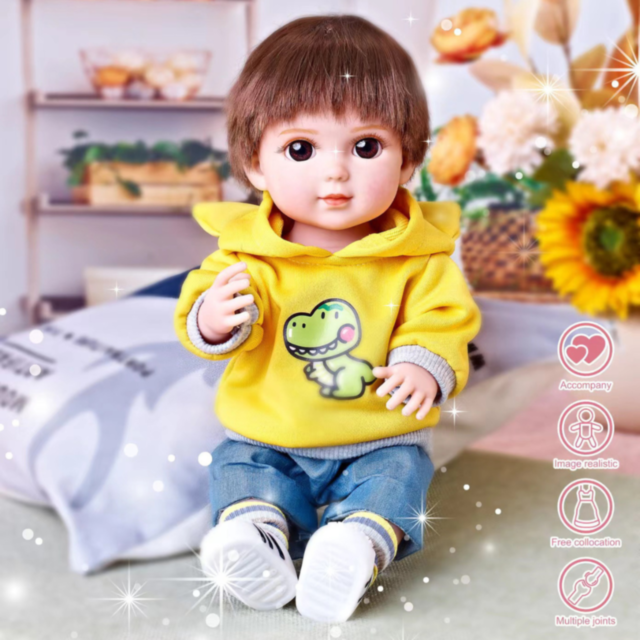 Păpușă Băiețel Chimi Doll 38 cm cu Hanorac Galben și Articulații Mobile