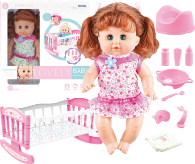 Păpușă Muzicală cu Pătuț, Tacâmuri și Pampers, face pipi la oliță | image