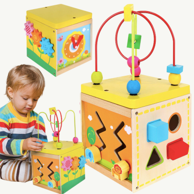 Cub Educativ din Lemn 5 în 1 - Labirint, Ceas, Sortator de Forme și Roți Dințate | image
