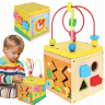 Cub Educativ din Lemn 5 în 1 - Labirint, Ceas, Sortator de Forme și Roți Dințate