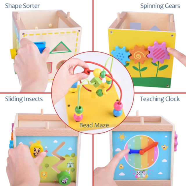 Cub Educativ din Lemn 5 în 1 - Labirint, Ceas, Sortator de Forme și Roți Dințate
