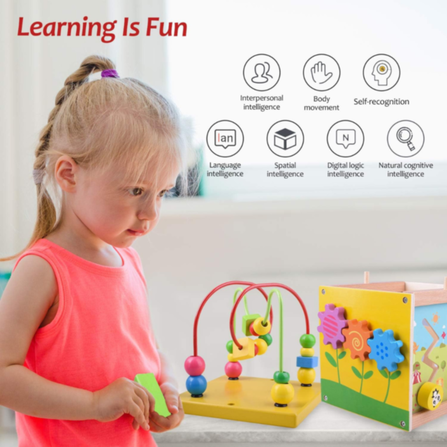 Cub Educativ din Lemn 5 în 1 - Labirint, Ceas, Sortator de Forme și Roți Dințate