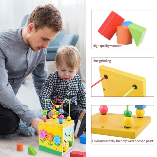 Cub Educativ din Lemn 5 în 1 - Labirint, Ceas, Sortator de Forme și Roți Dințate