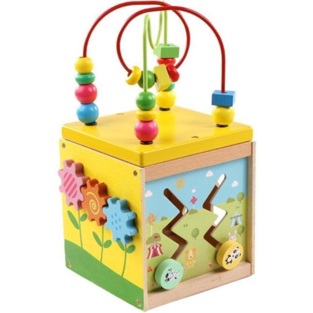 Cub Educativ din Lemn 5 în 1 - Labirint, Ceas, Sortator de Forme și Roți Dințate