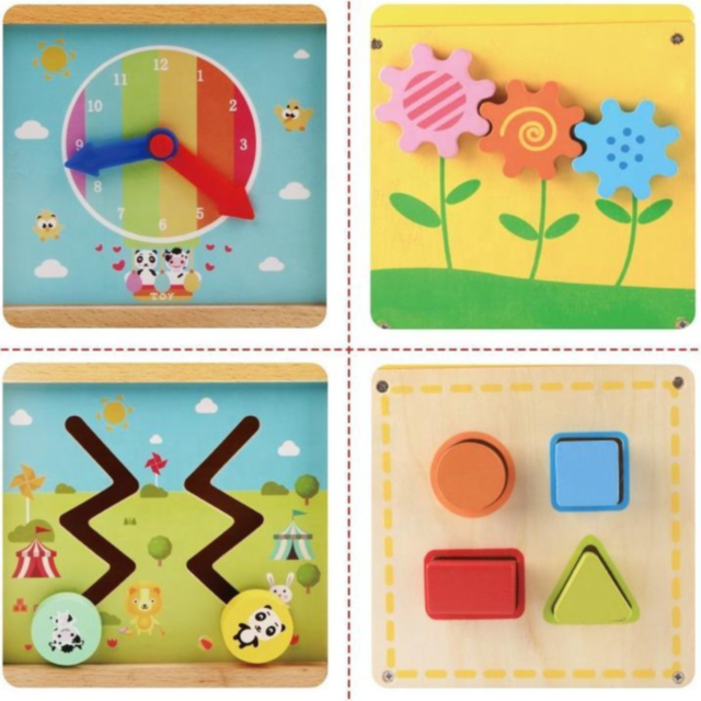 Cub Educativ din Lemn 5 în 1 - Labirint, Ceas, Sortator de Forme și Roți Dințate