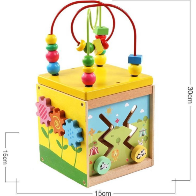 Cub Educativ din Lemn 5 în 1 - Labirint, Ceas, Sortator de Forme și Roți Dințate