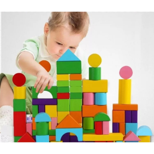 Set 100 de Blocuri de Construcție din Lemn, Colorate și Educaționale