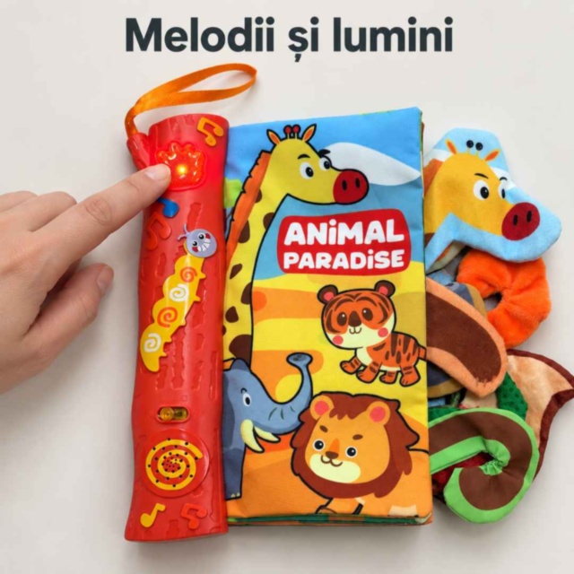 Carte textilă senzorială cu animale, melodii și lumini