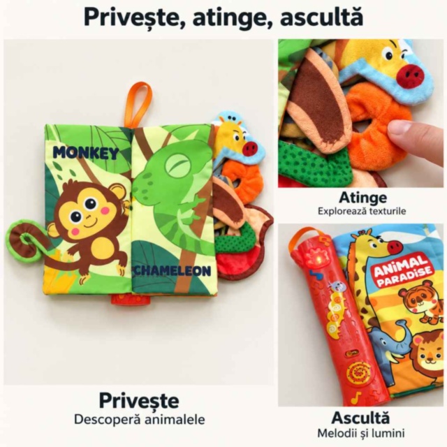 Carte textilă senzorială cu animale, melodii și lumini