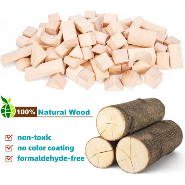 Set 100 Piese Cuburi de Construcție din Lemn Natural | Jucărie Educativă Montessori