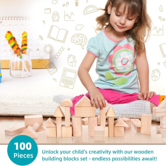 Set 100 Piese Cuburi de Construcție din Lemn Natural | Jucărie Educativă Montessori