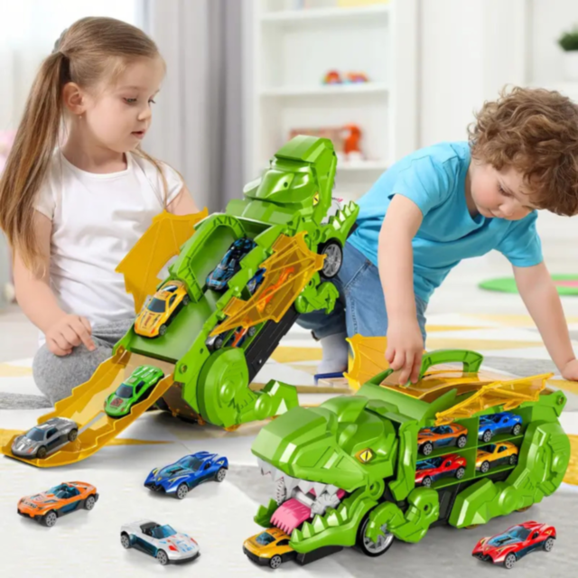 T-Rex Transportator cu 4 Mașinuțe Metalice – Dinozaur Transformabil (culoare aleatorie)