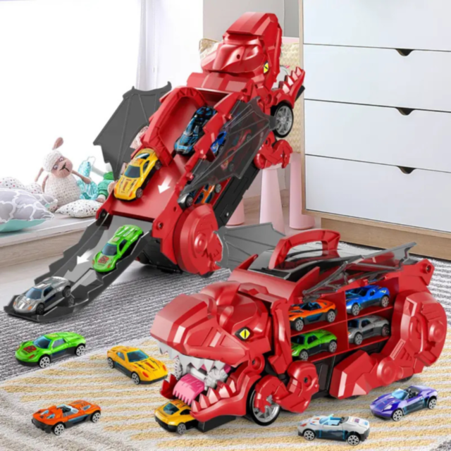 T-Rex Transportator cu 4 Mașinuțe Metalice – Dinozaur Transformabil (culoare aleatorie)