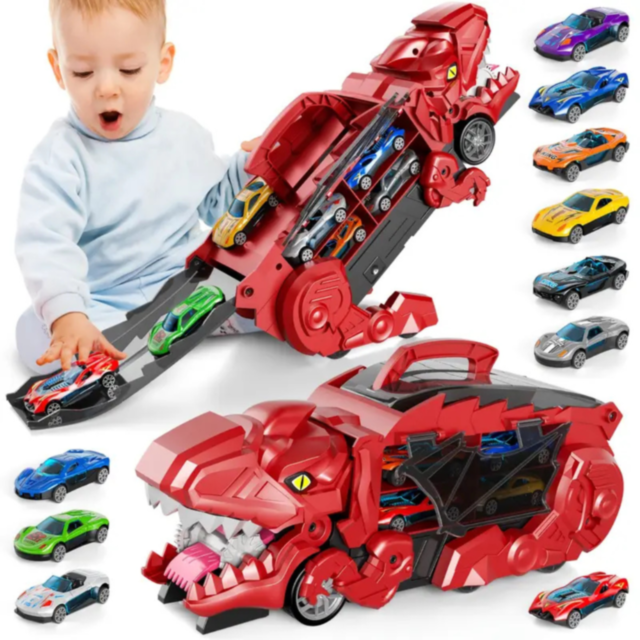 T-Rex Transportator cu 4 Mașinuțe Metalice – Dinozaur Transformabil (culoare aleatorie)