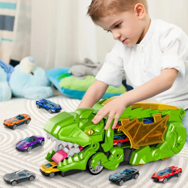 T-Rex Transportator cu 4 Mașinuțe Metalice – Dinozaur Transformabil (culoare aleatorie)