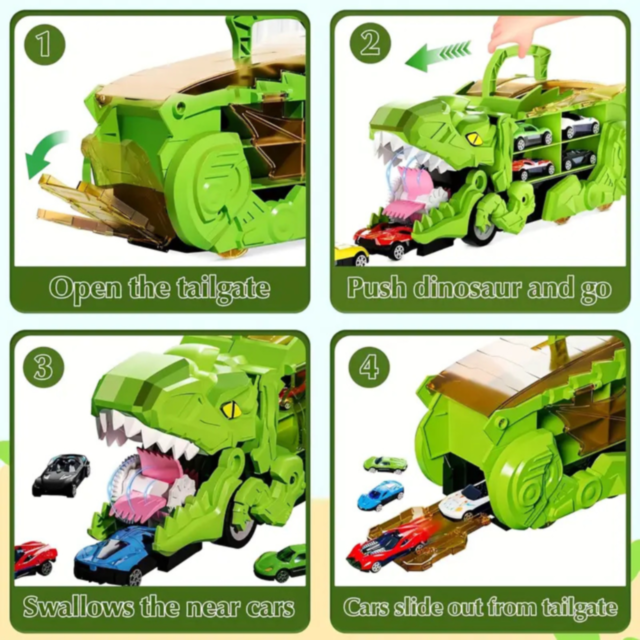 T-Rex Transportator cu 4 Mașinuțe Metalice – Dinozaur Transformabil (culoare aleatorie)