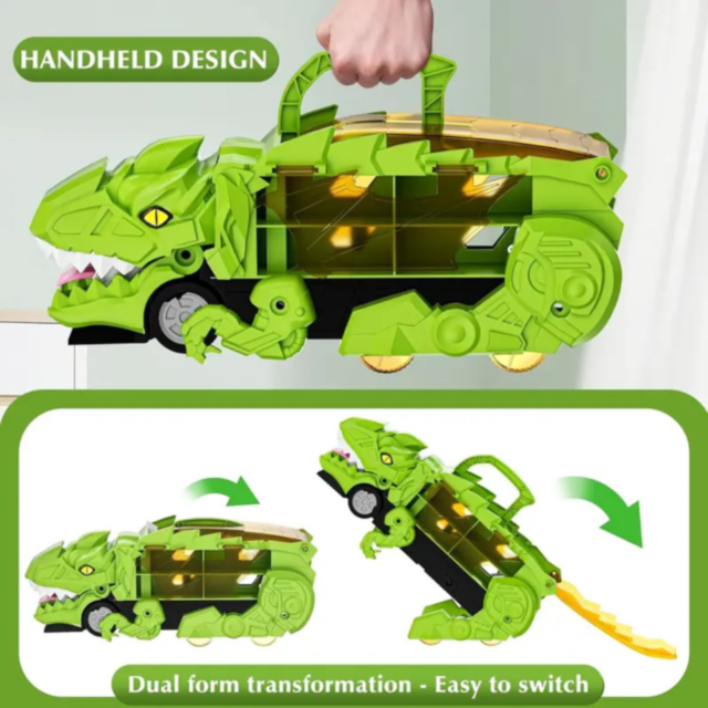 T-Rex Transportator cu 4 Mașinuțe Metalice – Dinozaur Transformabil (culoare aleatorie)