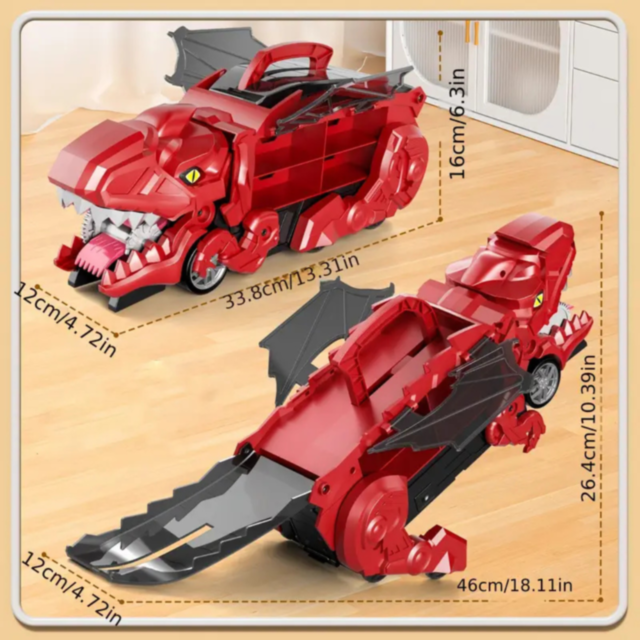 T-Rex Transportator cu 4 Mașinuțe Metalice – Dinozaur Transformabil (culoare aleatorie)